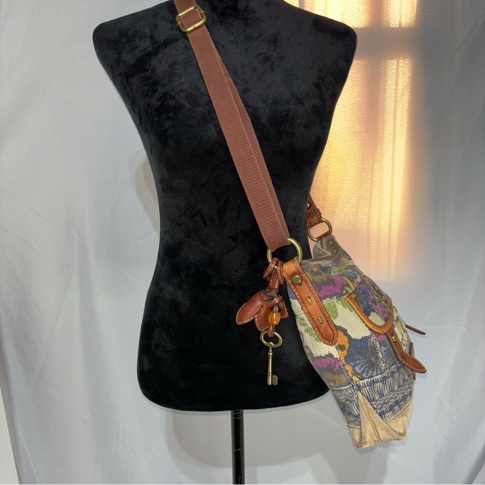 FOSSIL Vtg Boho Floral Canvas Suede Leather Crossbody Shoulder Bag - Picture 8 of 14